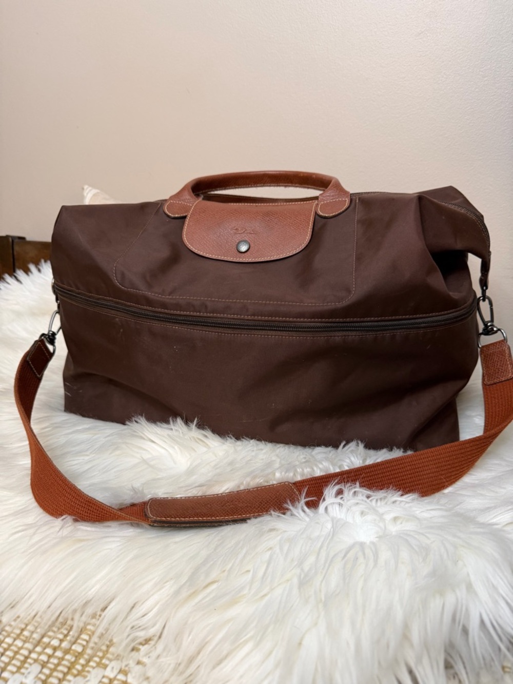 Longchamp Brown Canvas Duffel with Tan Leather Trim - Picture 2 of 11
